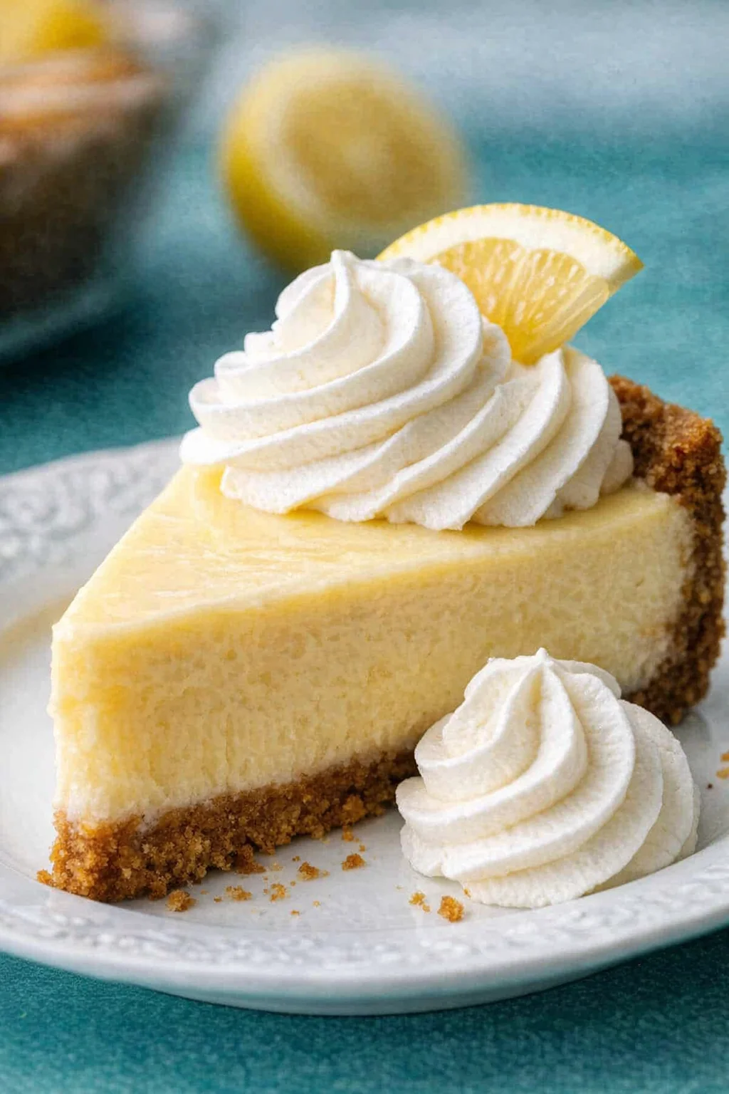 Creamy lemon cheesecake slice with whipped cream atop on a white plate.