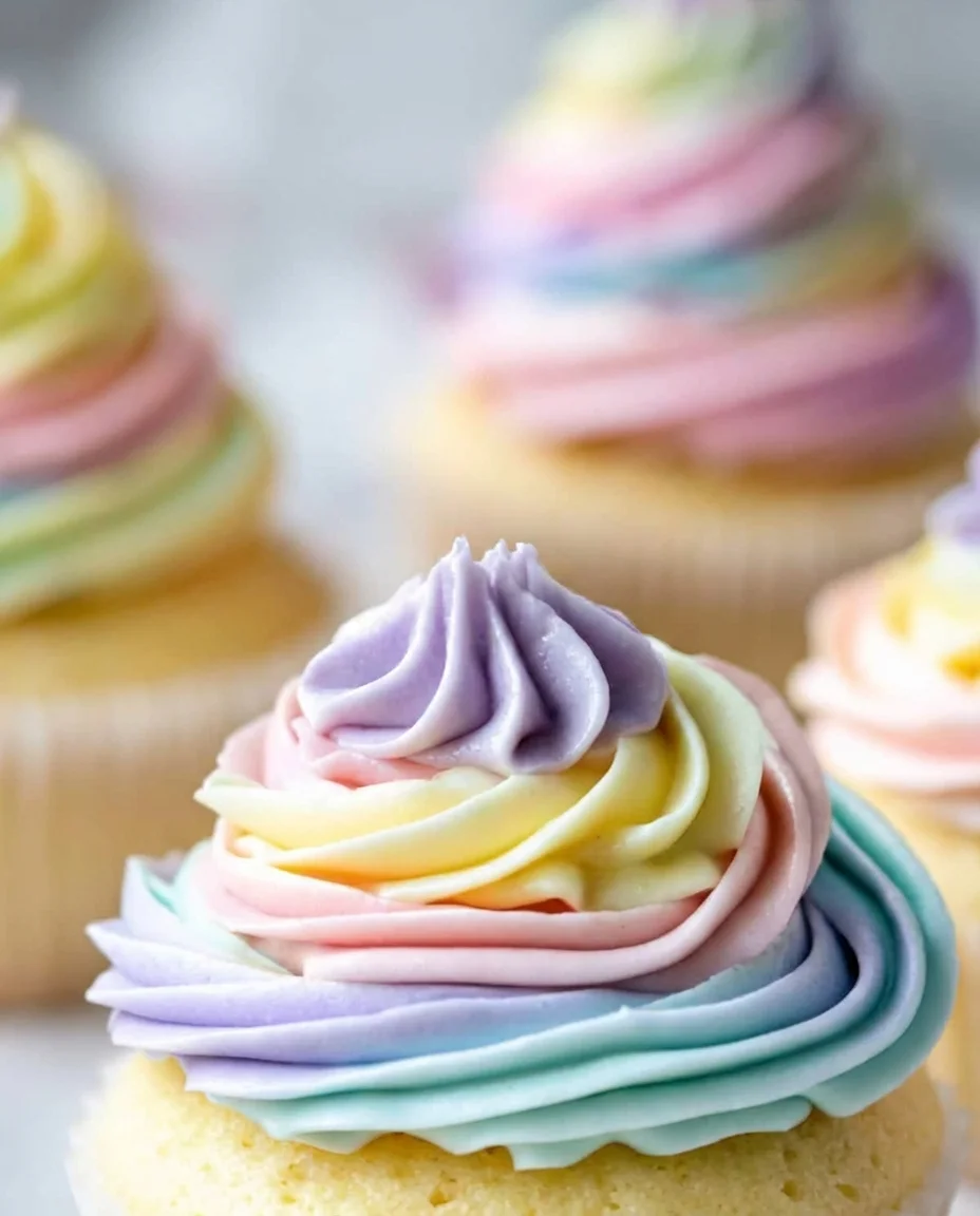 Vertical shot of a pastel rainbow-frosted cupcake with bold Easter decoration text overlay.