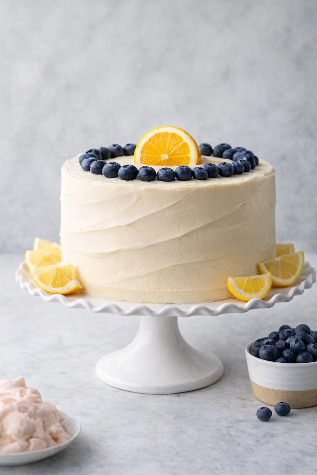 Creamy white-frosted cake on a pedestal, topped with blueberries and orange slice, with lemon wedges nearby.