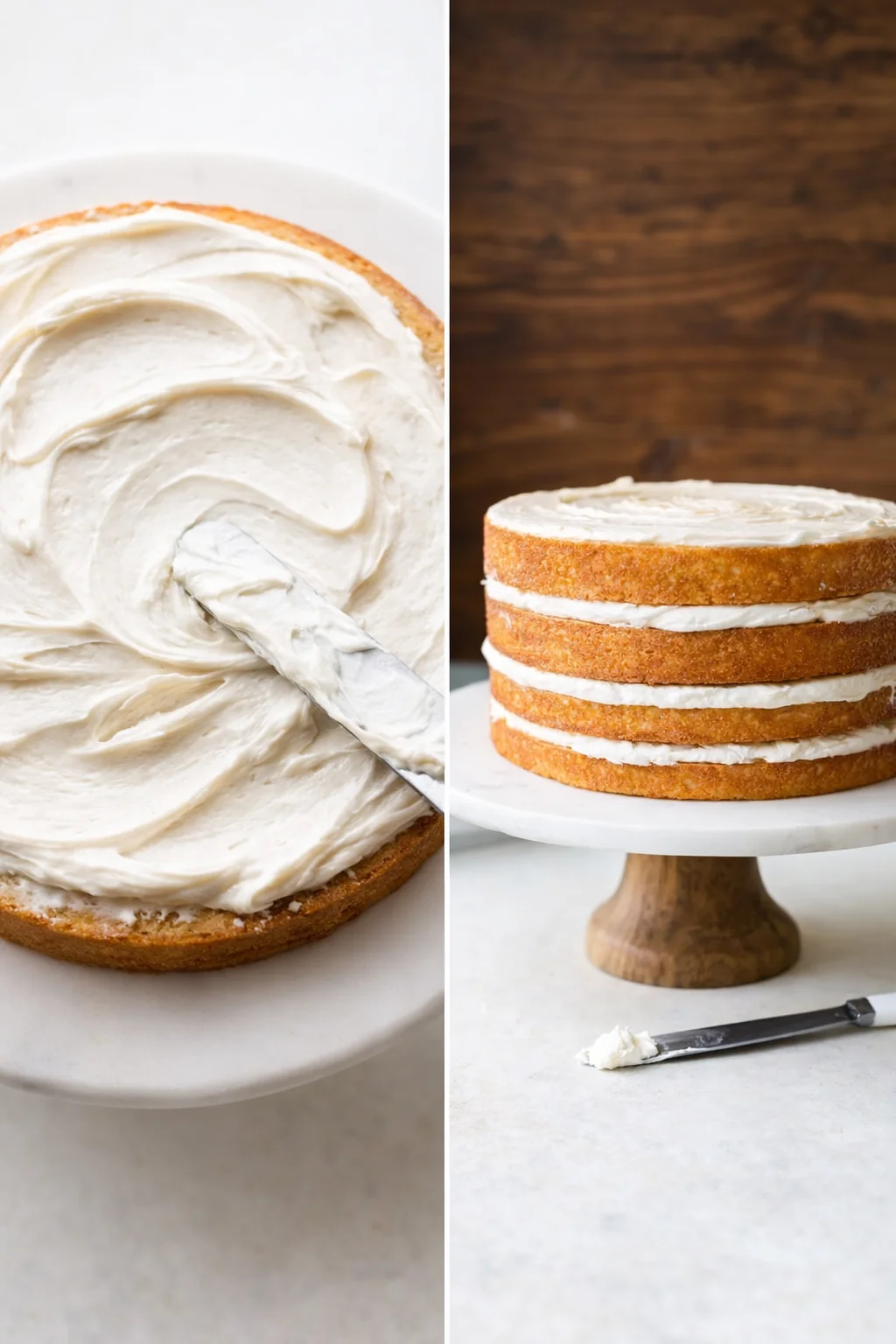 frosting-coconut-cake.jpg two-panel cake scene: frosting spread on a cake layer on a white plate, and a finished three-layer cake.