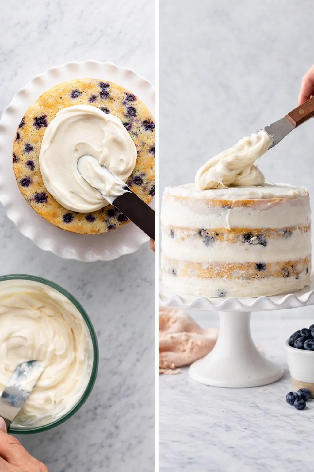 Two-panel image showing a blueberry cake being frosted; top-down view on left, side view of layered cake with frosting on right.