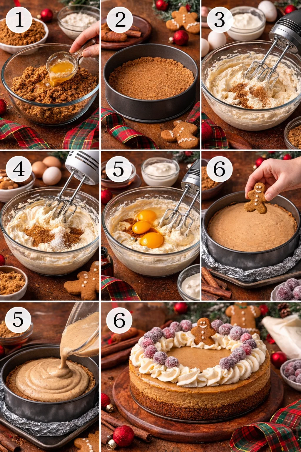 Gingerbread Cheesecake Recipemage Step-by-step process of making a festive gingerbread cheesecake with crust, filling, and decoration.