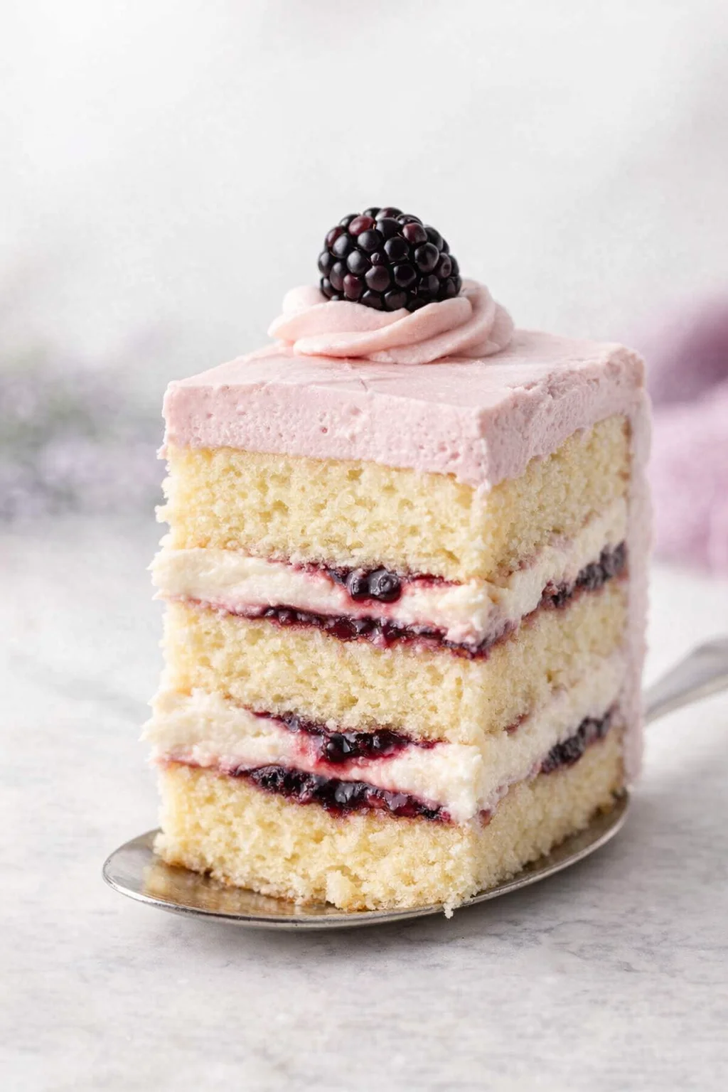 Slice of pink-frosted layered cake with jam and cream, topped with a blackberry.