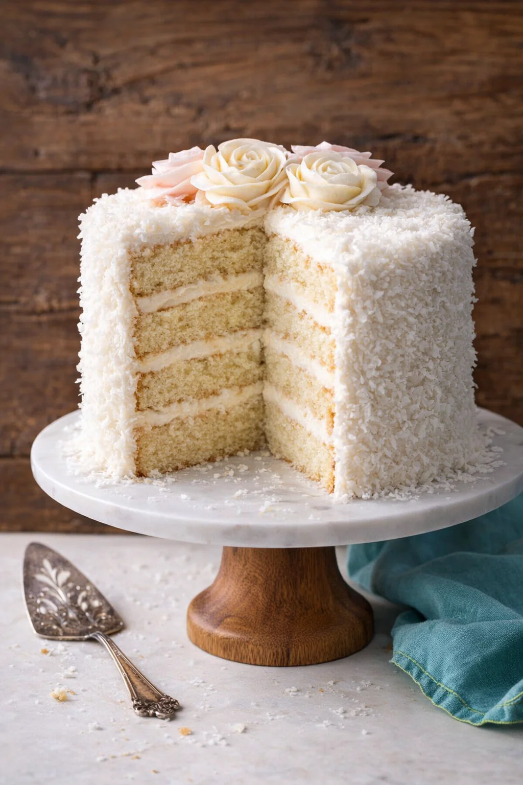 layered-coconut-cake.jpg White coconut-frosted layer cake with pale-pink frosting roses on top, showing three inner sponge layers.