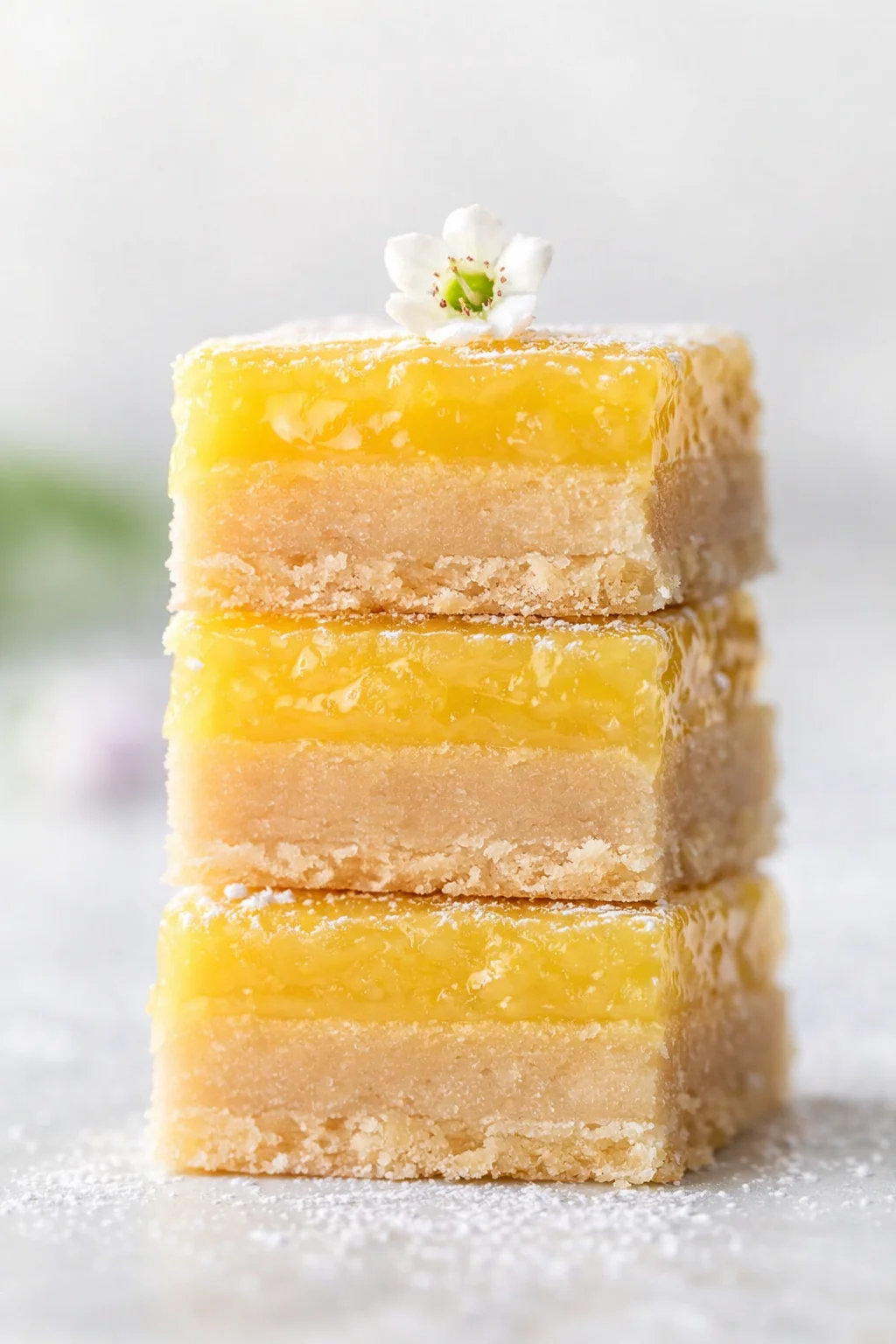 three lemon bars stacked, featuring a glossy top glaze, creamy center, and a small white flower garnish.