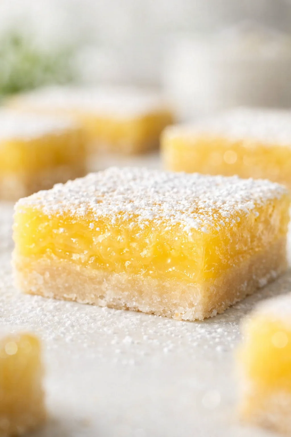 Close-up of a lemon bar with powdered sugar on a white surface, with blurred background bars.
