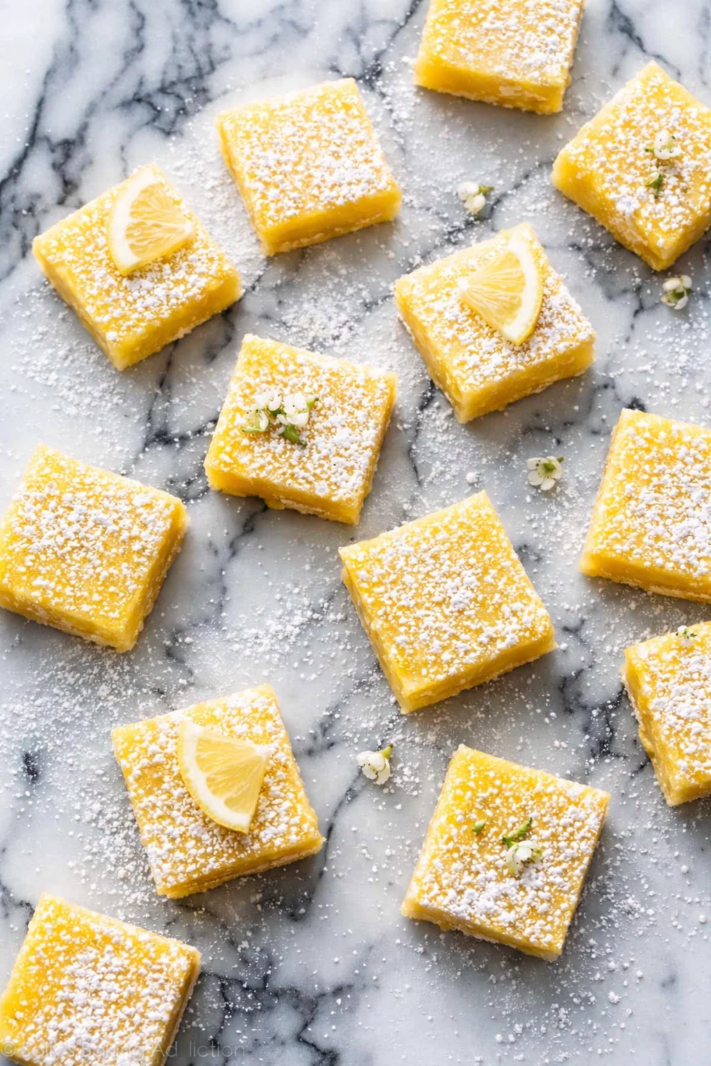 Bright yellow lemon bars dusted with powdered sugar on a marble surface