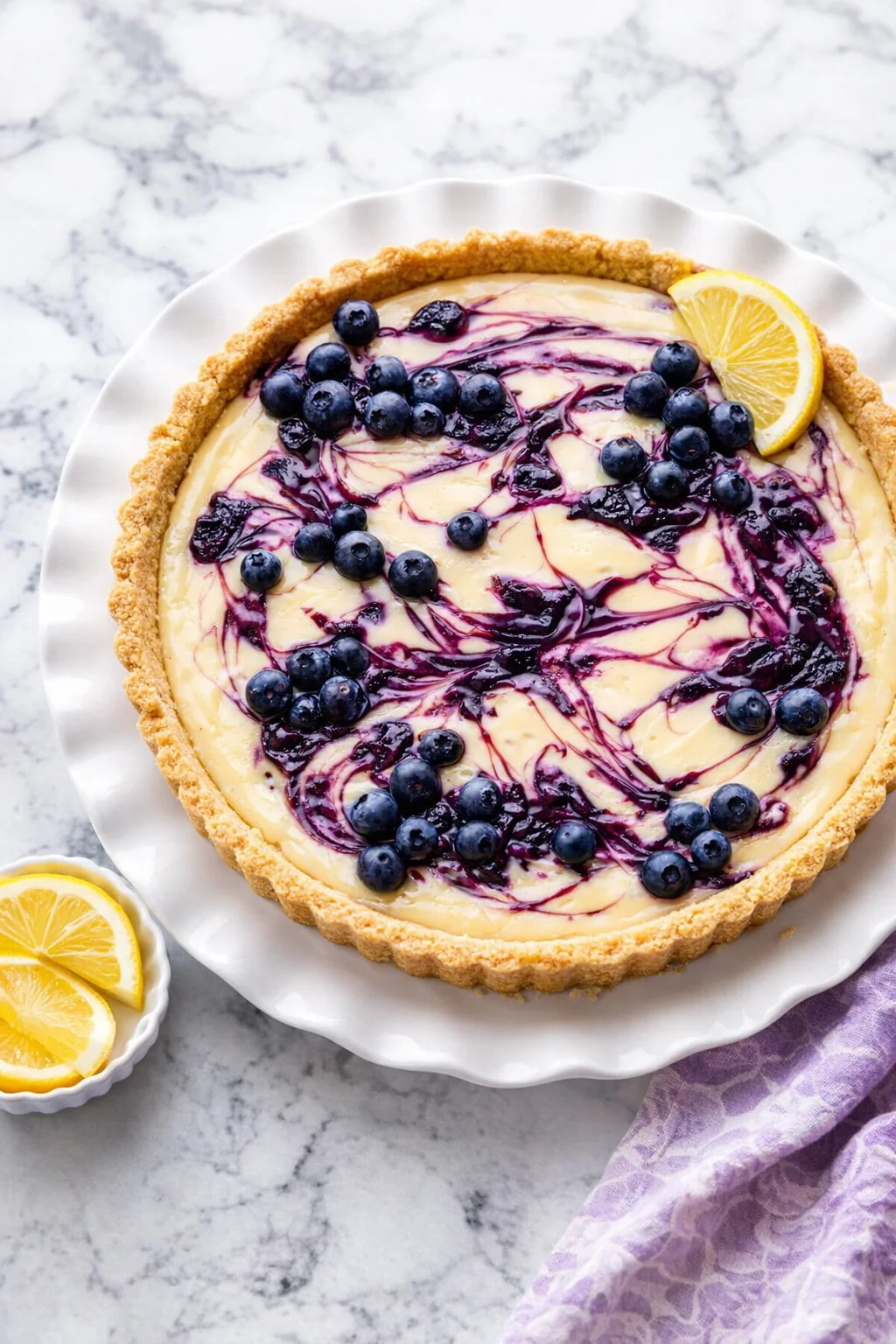 A lemon cheesecake tart with blueberry swirl and fresh berries on a white scalloped plate.