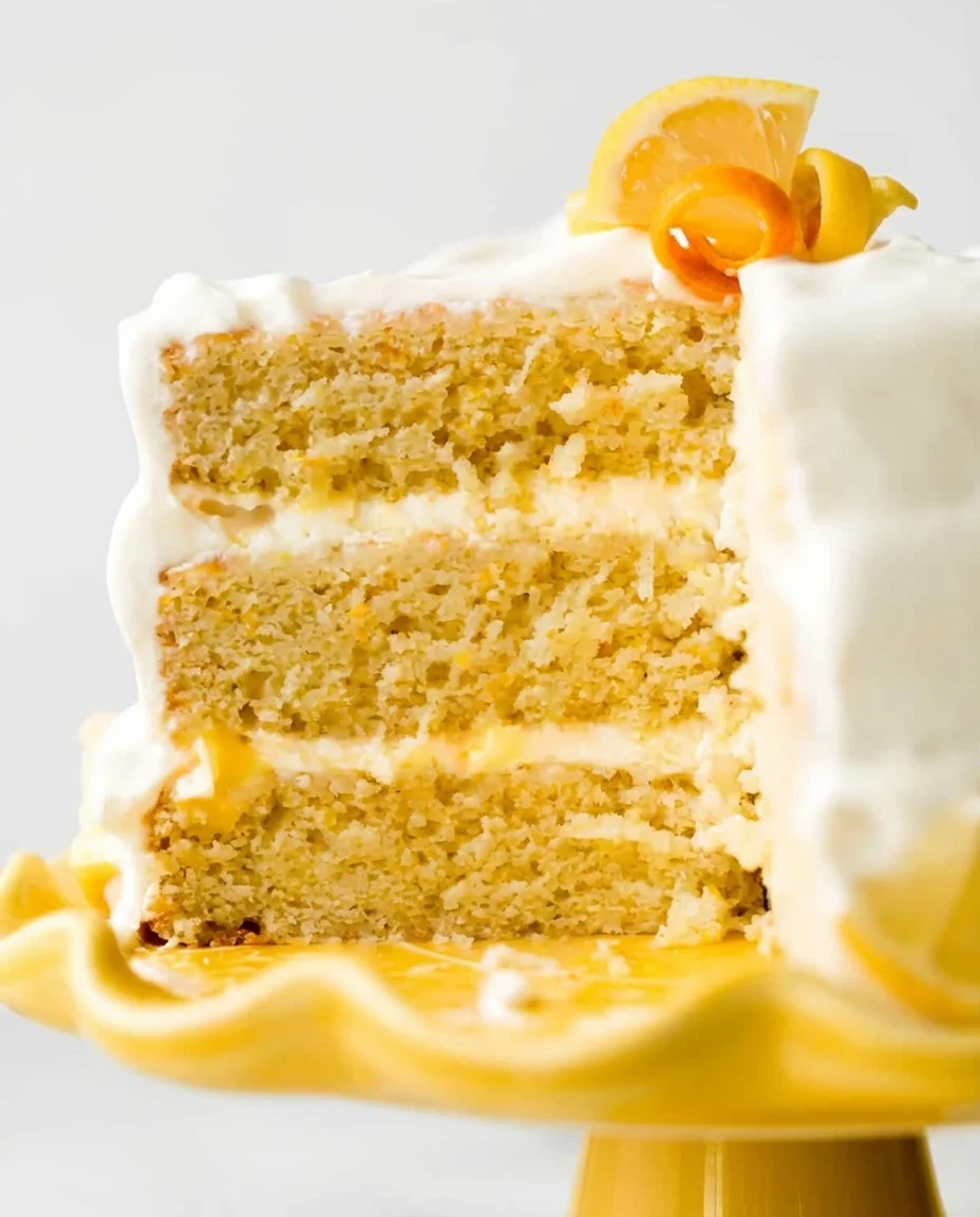 Close-up of a three-layer citrus cake with white frosting on a yellow pedestal.