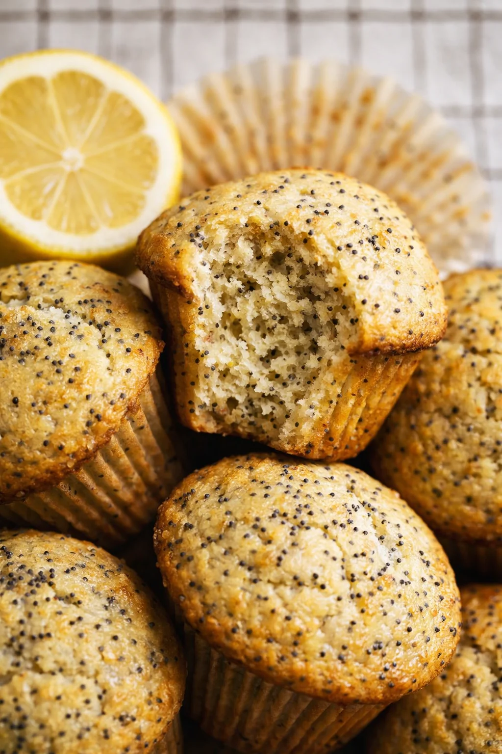 Close-up of lemon poppy seed muffins with a lemon half and paper liner