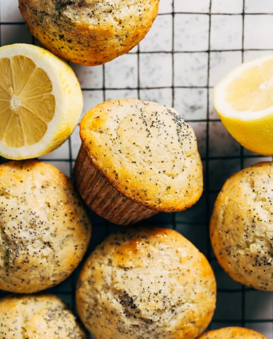 golden lemon poppy-seed muffins cooling on a wire rack with lemon halves nearby