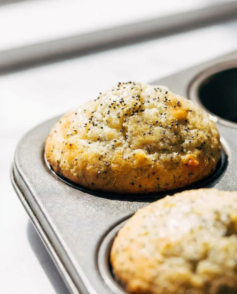 Freshly baked tall lemon poppy seed muffins with a shiny lemon syrup glaze.