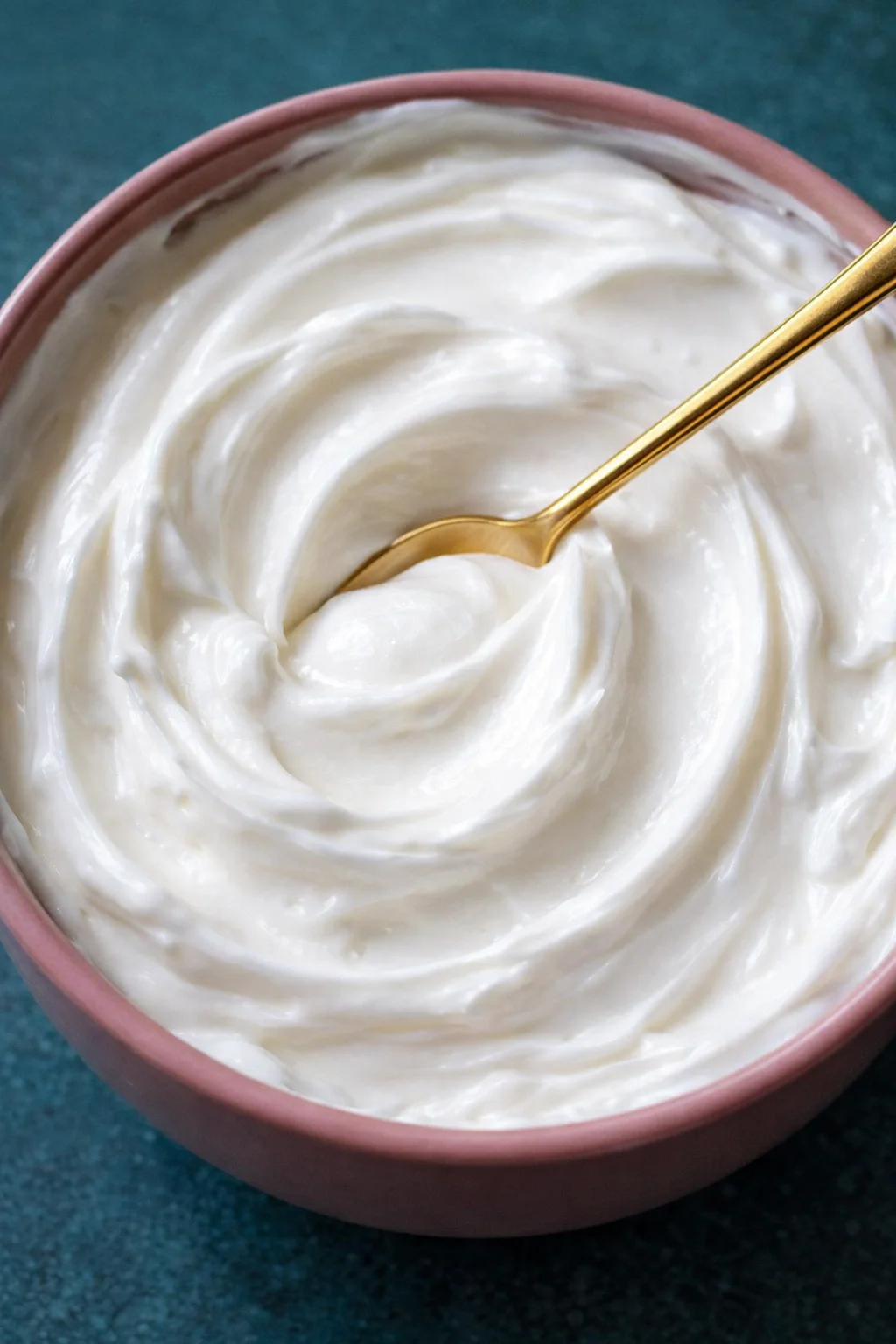 lemon-whipped-cream-green-bowl-720x720.jpg Close-up of glossy whipped cream in a pink bowl with a gold spoon