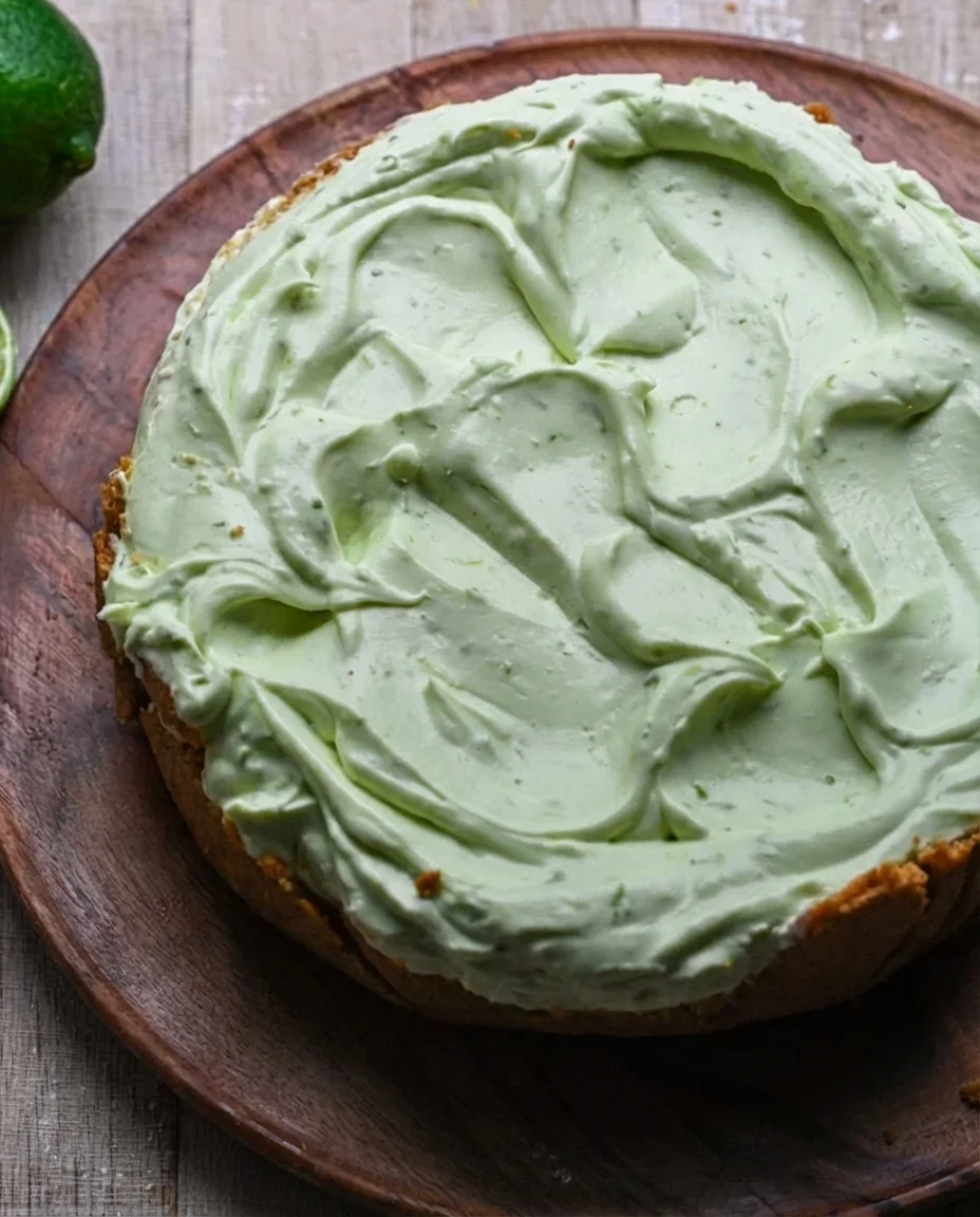 round cheesecake with mint-green frosting swirls on a wooden board, lime fruit partially visible in the corner, rustic kitchen setting