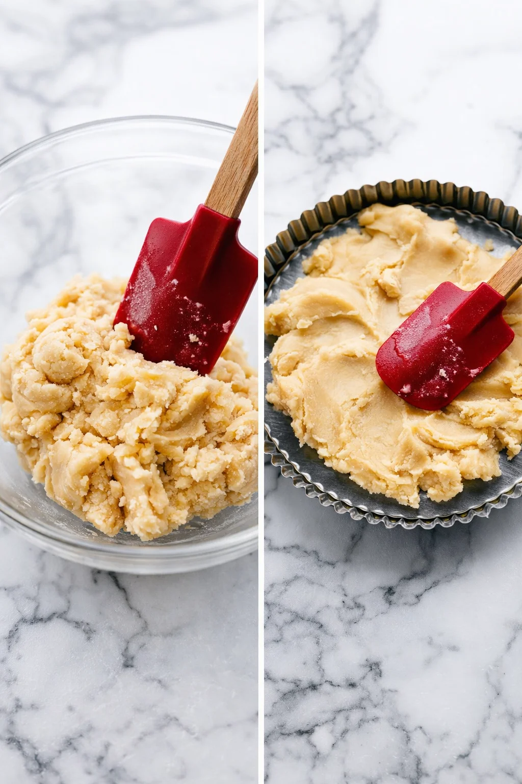 Two-panel view of dough being prepared: in a glass bowl with a red spatula and spread in a tart pan.