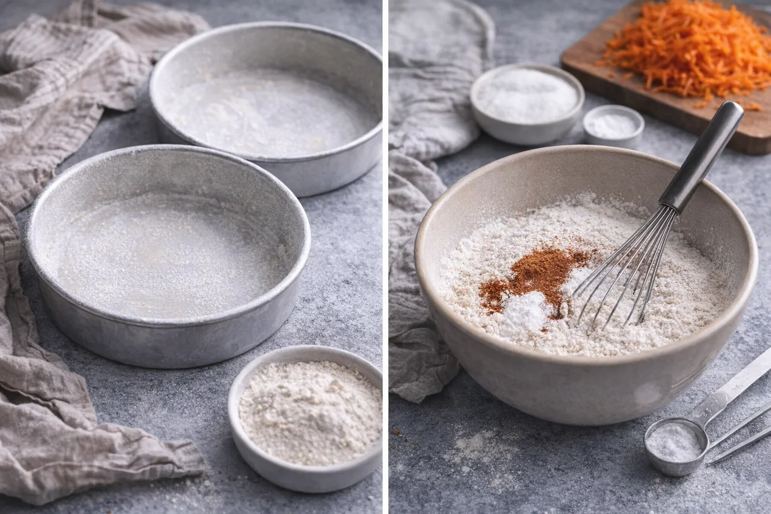 Moist Carrot Cake with Cream Cheese Frosting Baking ingredients including flour, shredded carrots, and spices for cake preparation