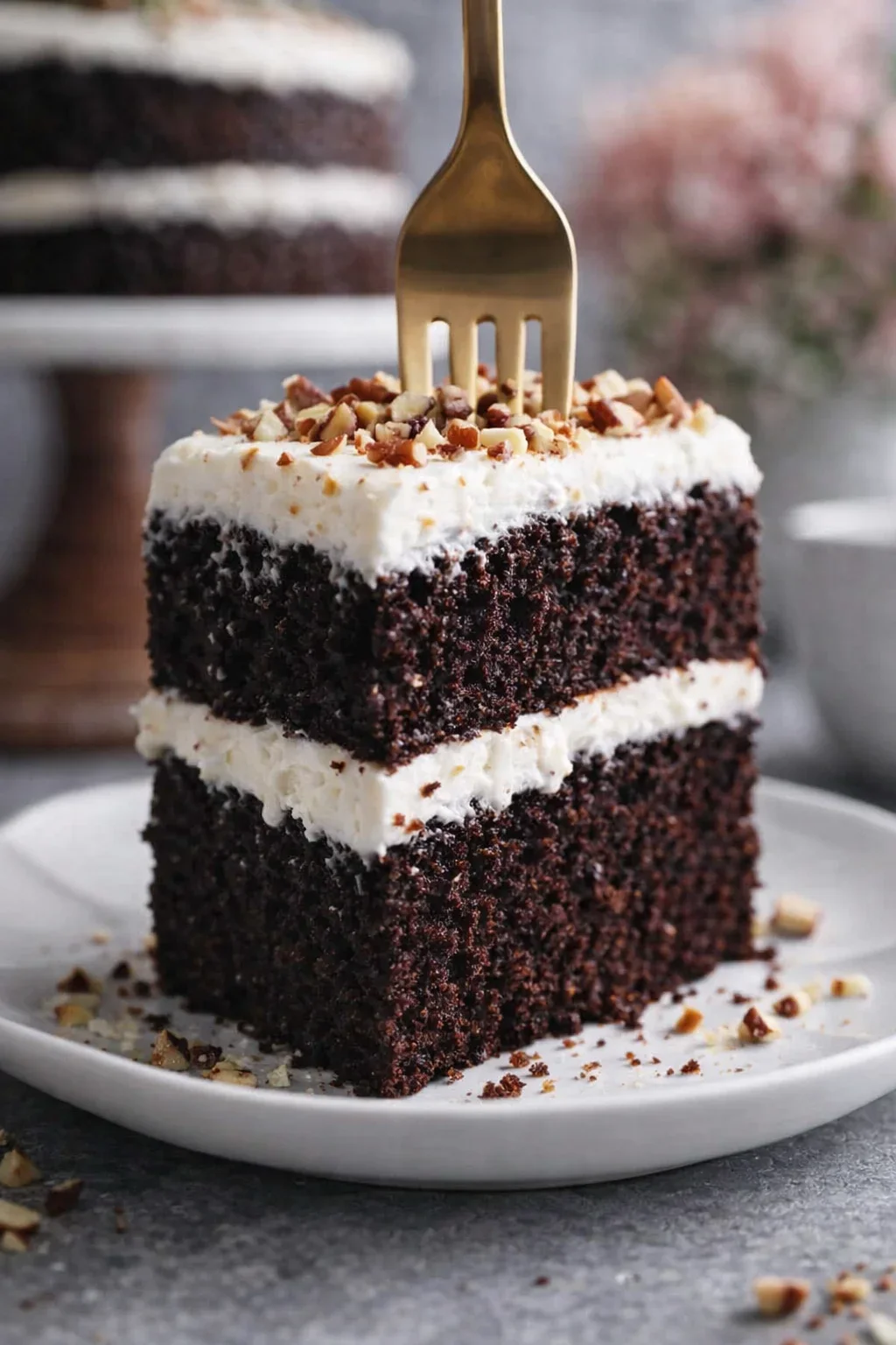 Moist Carrot Cake with Cream Cheese Frosting Slice of moist carrot cake with cream cheese frosting and chopped nuts topping.