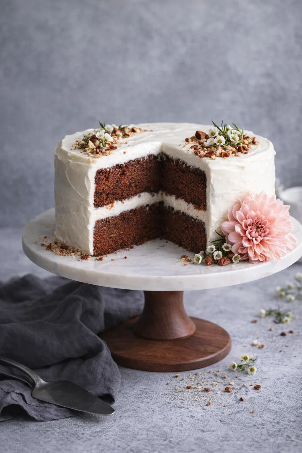 Delicious layered carrot cake with cream cheese frosting and floral decorations