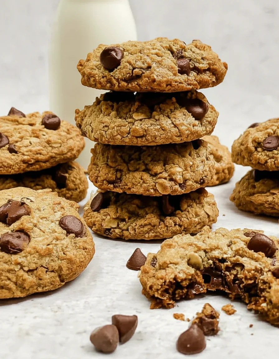 Stack of golden-brown chocolate chip cookies with chocolate chunks scattered around on a white surface.