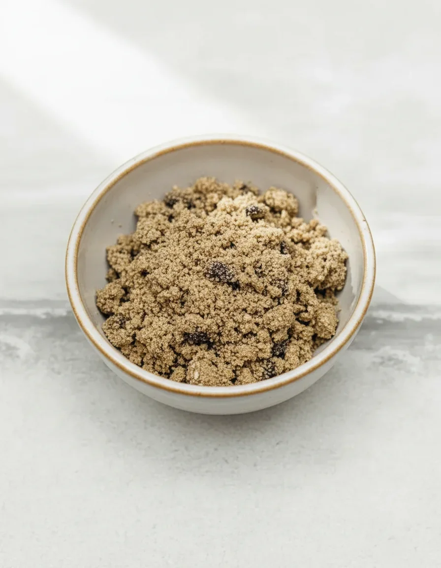 Close-up of a bowl filled with a crumbly, beige-colored mixture, possibly used as a topping or ingredient.