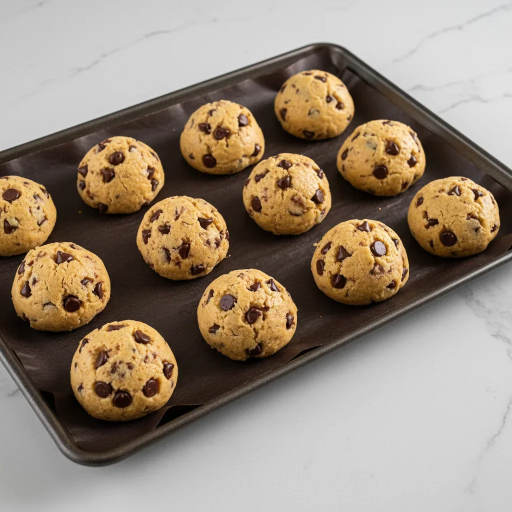 Twelve raw cookie dough balls with chocolate chips on a dark parchment-lined baking sheet, viewed from above.