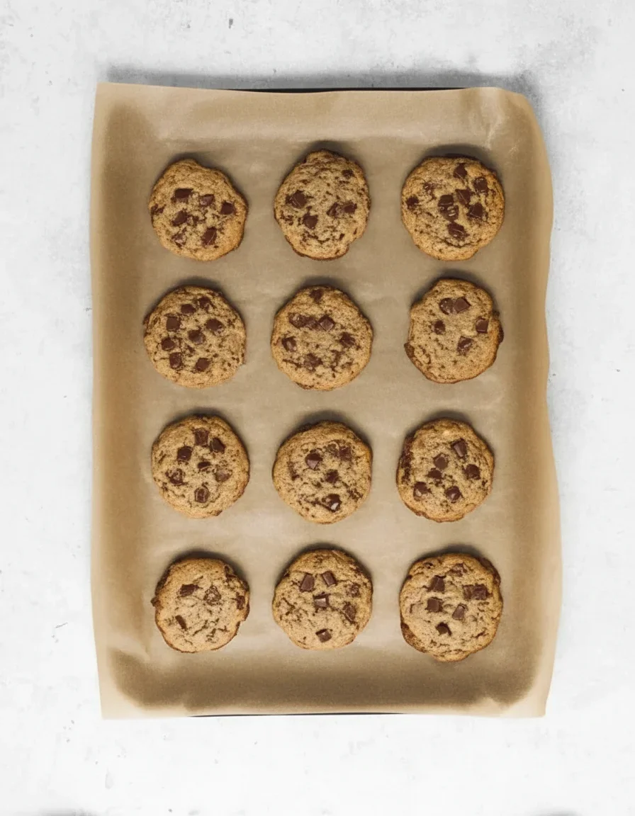 Twelve freshly baked chocolate chip cookies arranged on parchment paper on a light gray surface.