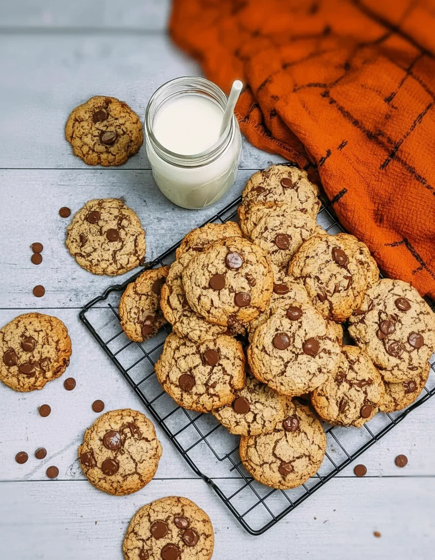 A jar of milk with cookies on a cooling rack and scattered chocolate chips on a rustic wooden surface.