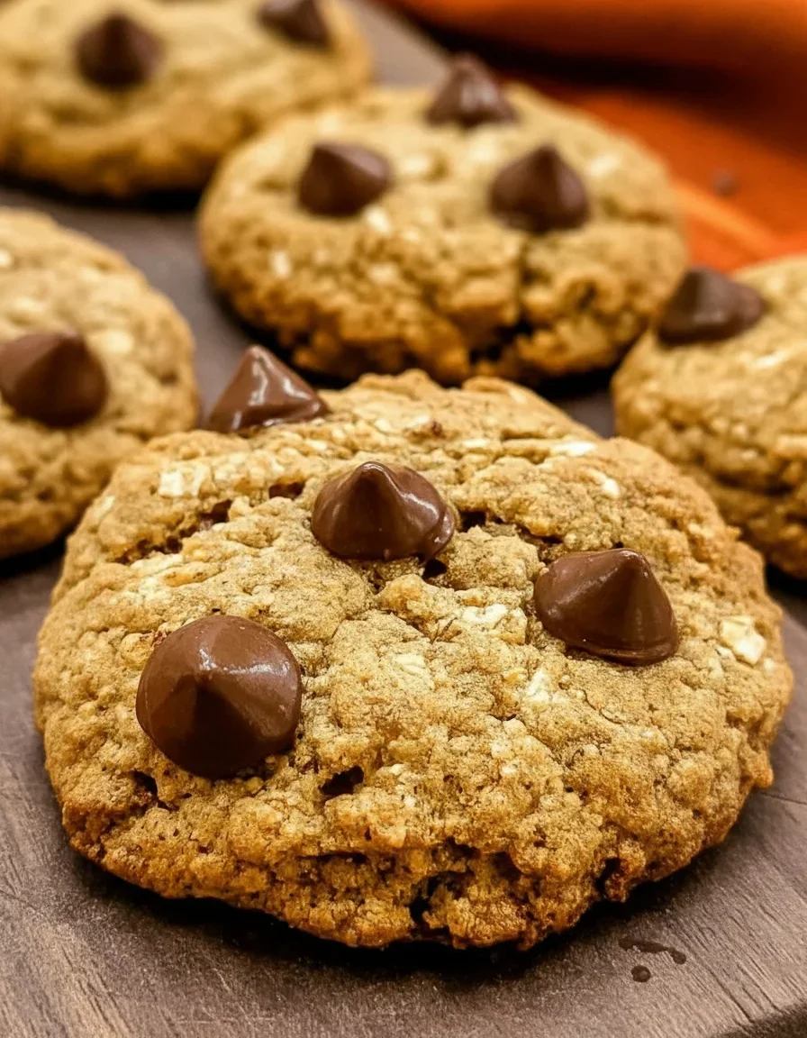 Golden oatmeal cookies topped with semi-sweet chocolate chips, showing a rustic texture and inviting appearance.