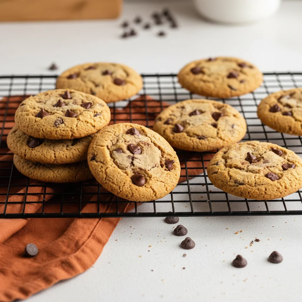 Freshly baked chocolate chip cookies on a cooling rack with scattered chips and orange cloth underneath.