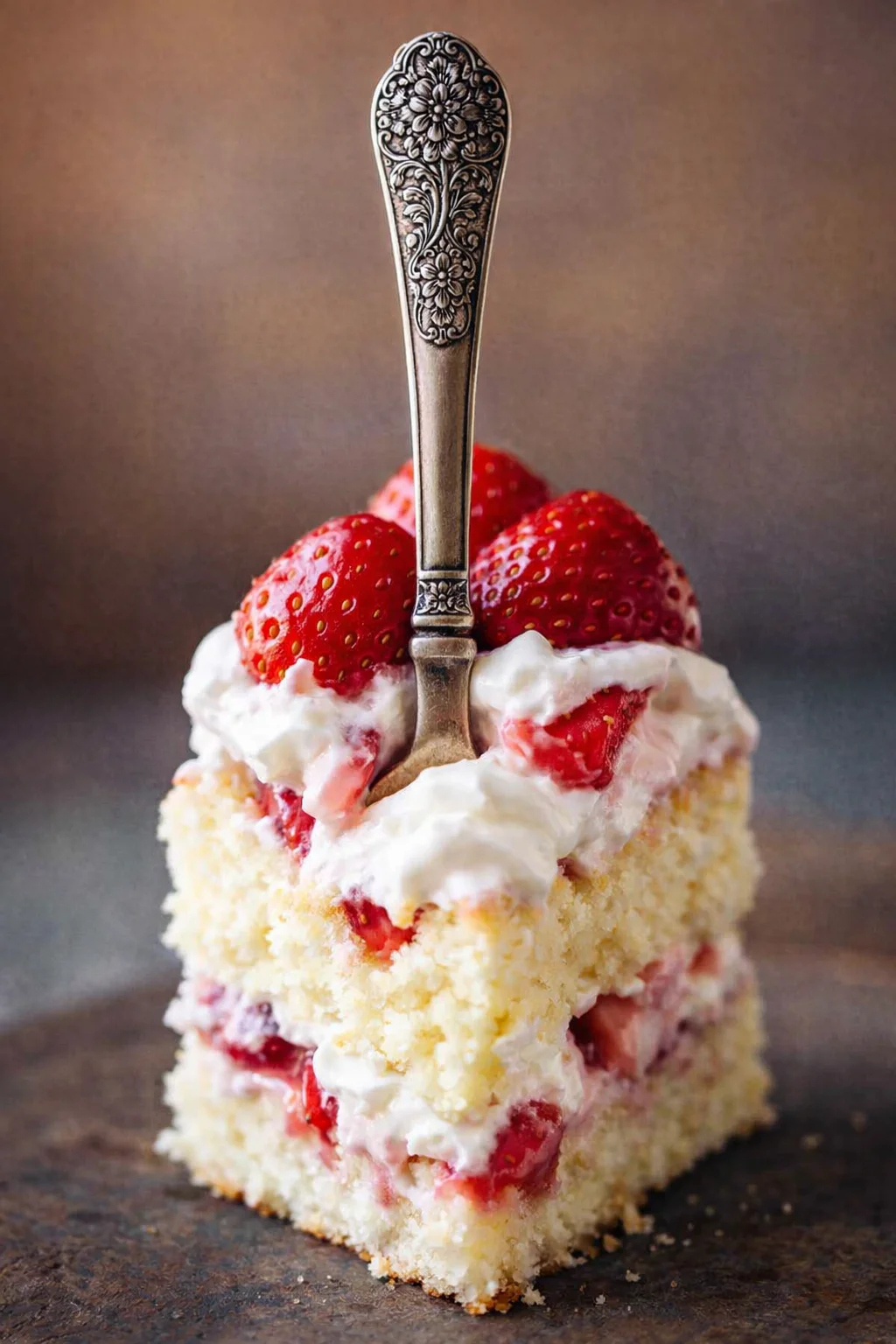 old-fashioned-strawberry-shortcake-slice-gold-fork-720x960.jpg ornate vintage silver knife piercing a strawberry-filled vanilla cake slice on a dark surface