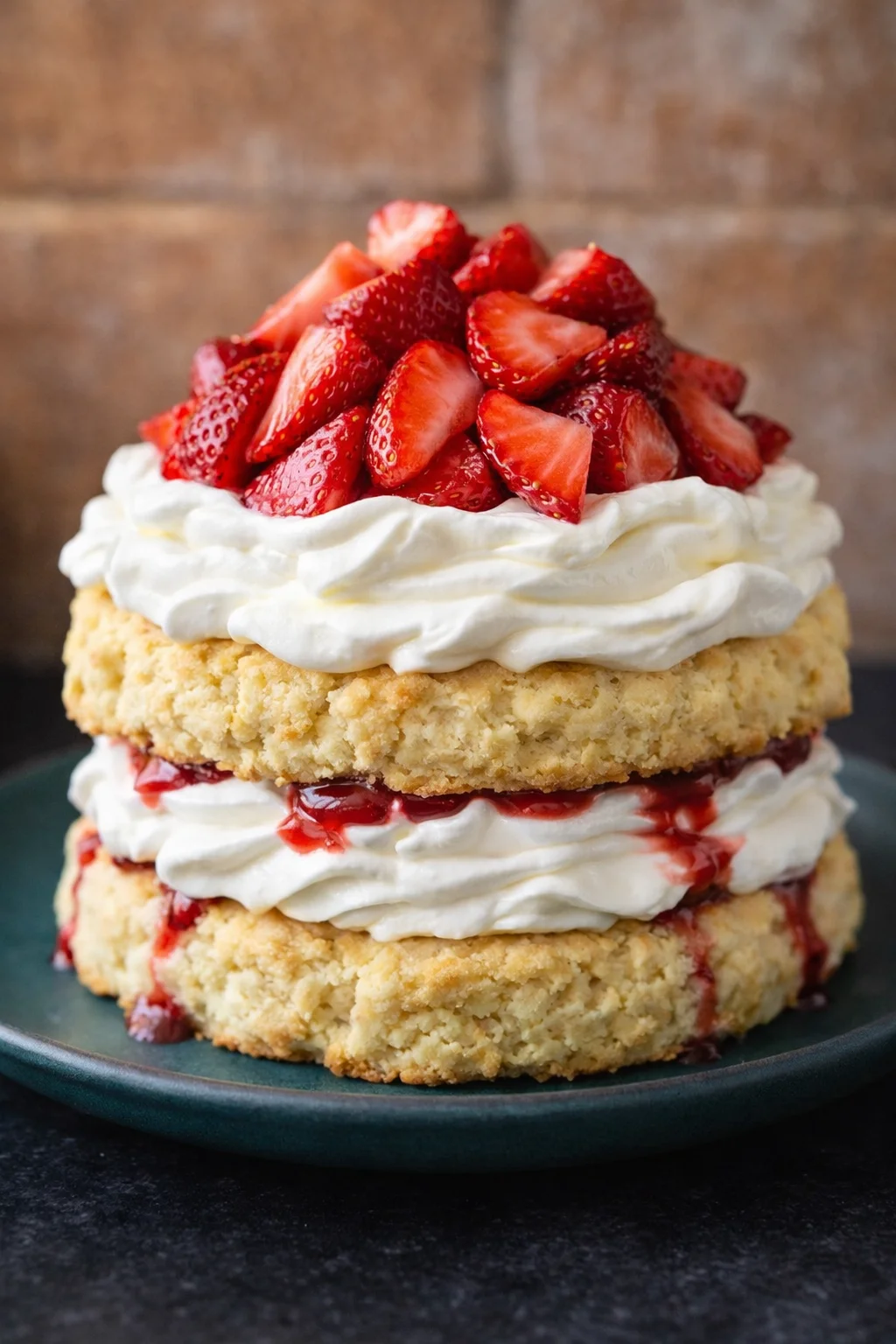 old-fashioned-strawberry-shortcake-unsliced-featured-300x300.jpg Two fluffy shortcake biscuits with whipped cream and fresh strawberries on a teal plate