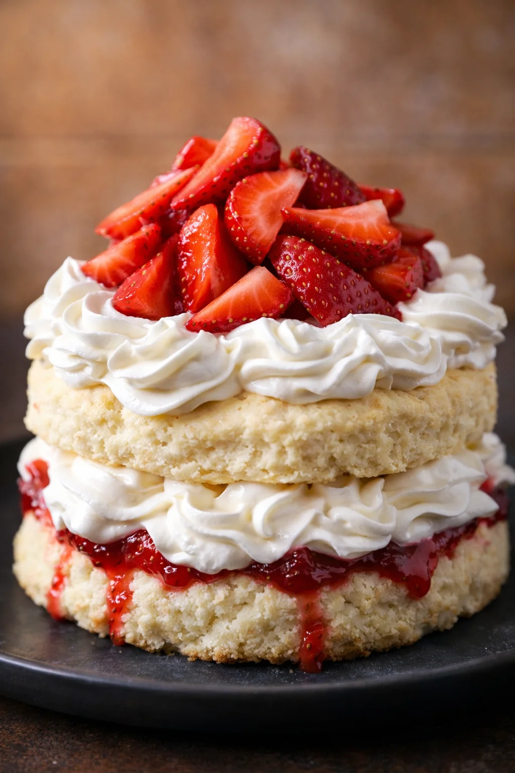 old-fashioned-strawberry-shortcake-unsliced-featured-300x300.jpg Close-up of a two-layer strawberry shortcake with whipped cream and fresh strawberry topping on a dark plate