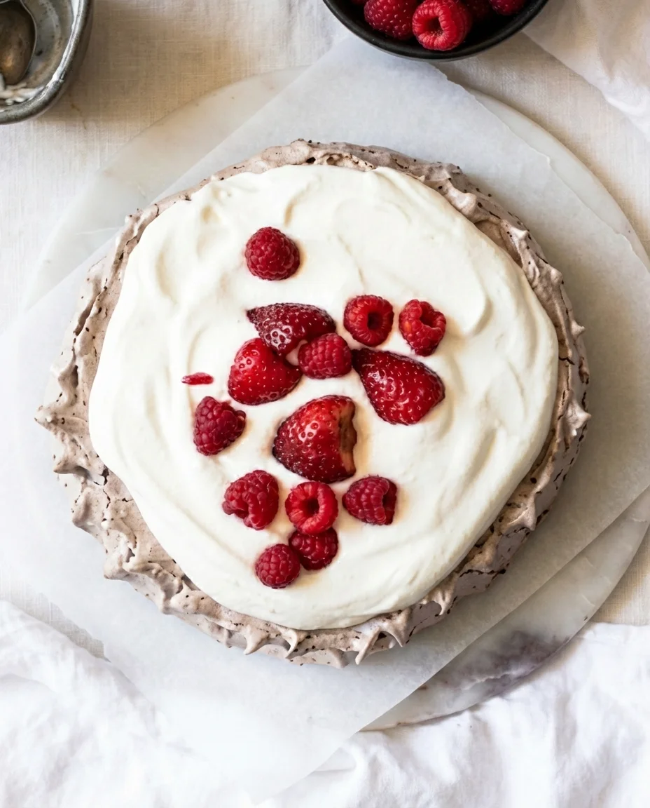 Round cake with white cream topping and red berries on a light marble plate