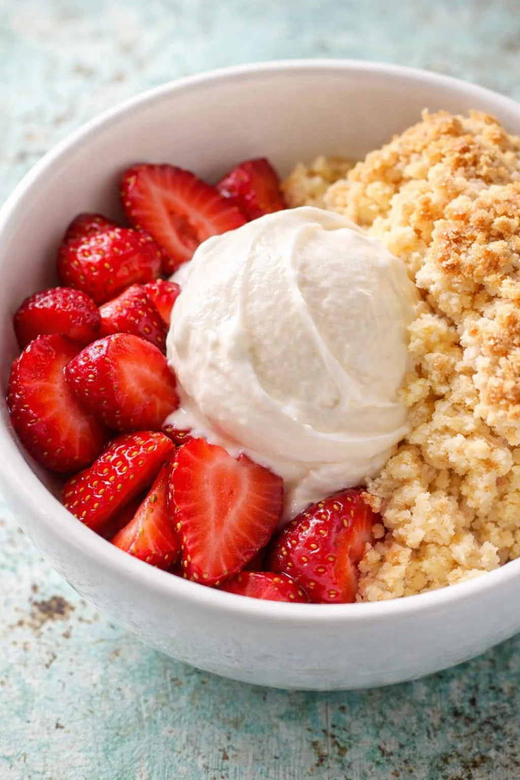 White bowl with strawberries, cream, and crumbly shortcake; lavender banner reads 'STRAWBERRY SHORTCAKE'.