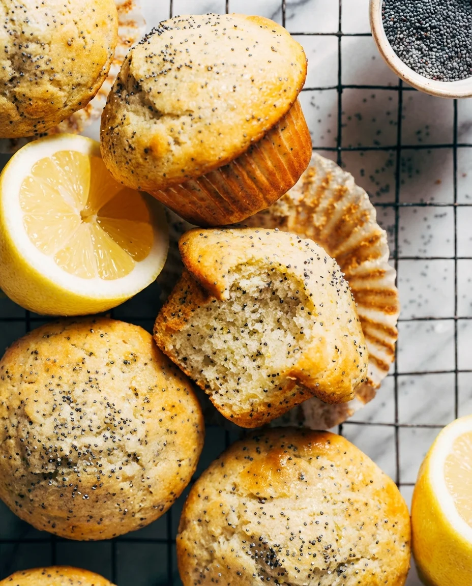 golden-brown lemon poppy-seed muffins on a cooling rack with lemon wedges