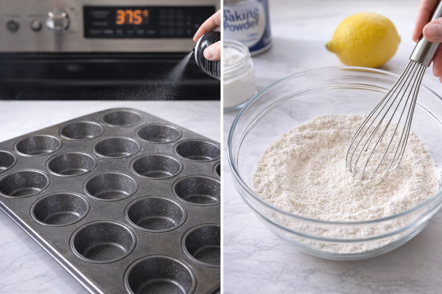 Twelve-cup muffin tin coated with spray beside a large bowl whisking flour, baking powder, and salt.