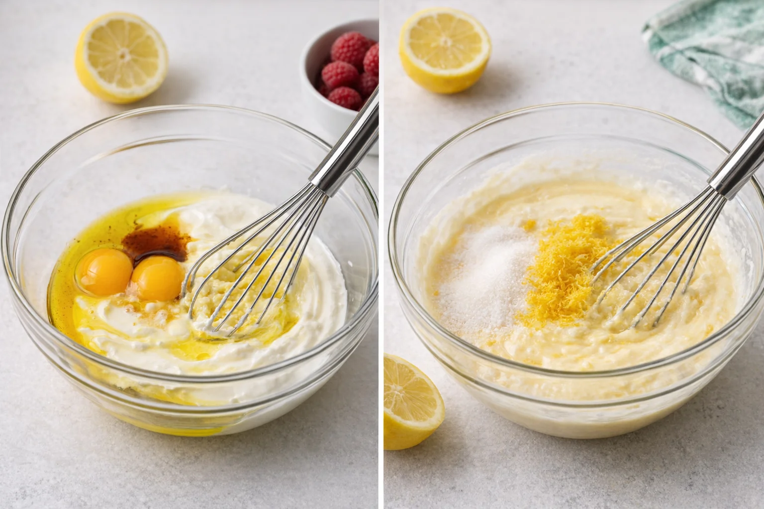 Bowl with Greek yogurt, olive oil, eggs being whisked, lemon zest and sugar added.