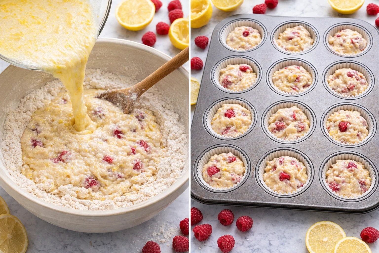 Wet batter poured into dry mixture then spooned evenly into twelve prepared muffin cups.
