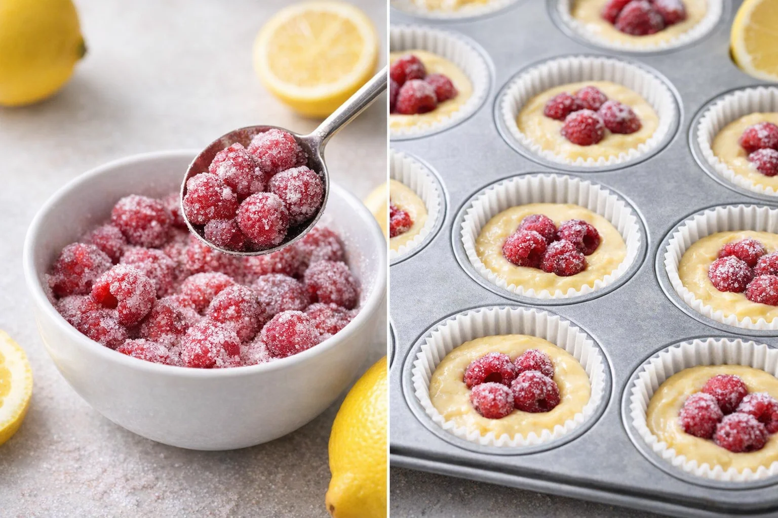Small bowl of raspberries tossed with sugar; spoonfuls pressed gently into each muffin center.