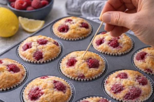 Muffins with golden edges and bubbling raspberries, toothpick inserted near edge showing clean.
