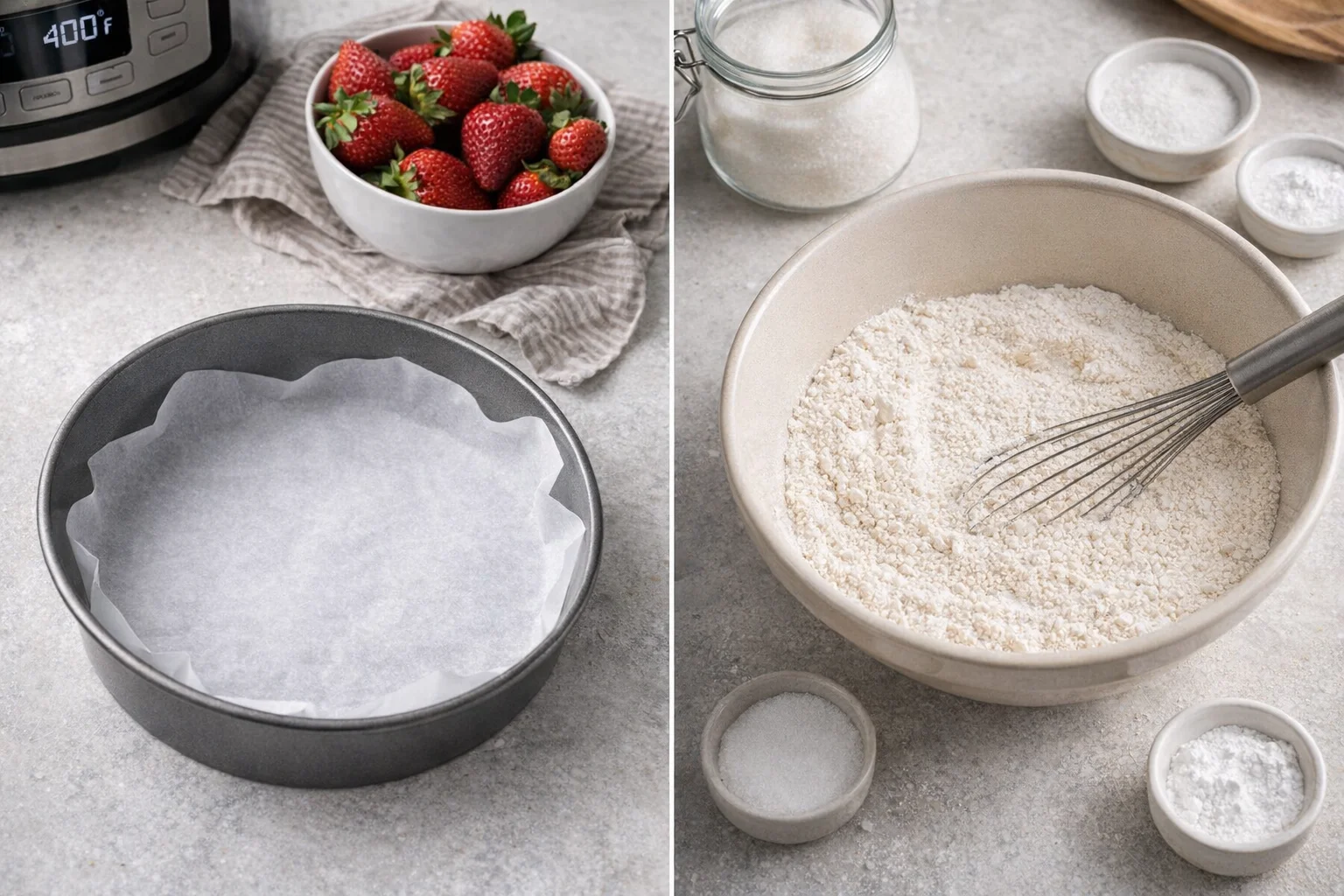 Bowl of whisked flour, sugar, and baking powder beside an 8-inch round pan lined with parchment.