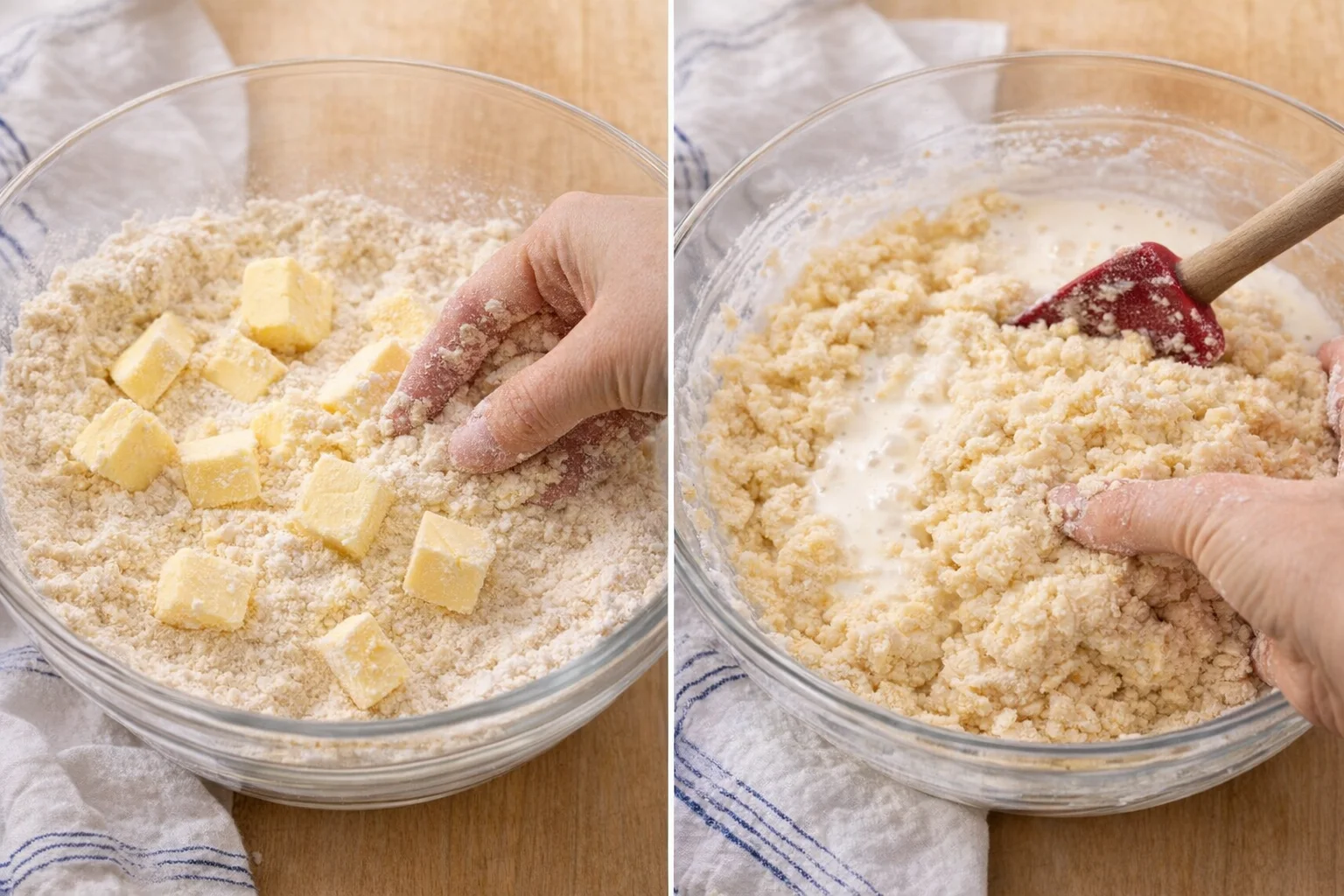 Hands rubbing cold butter into flour, forming pea-sized crumbs next to a spatula and bowl.