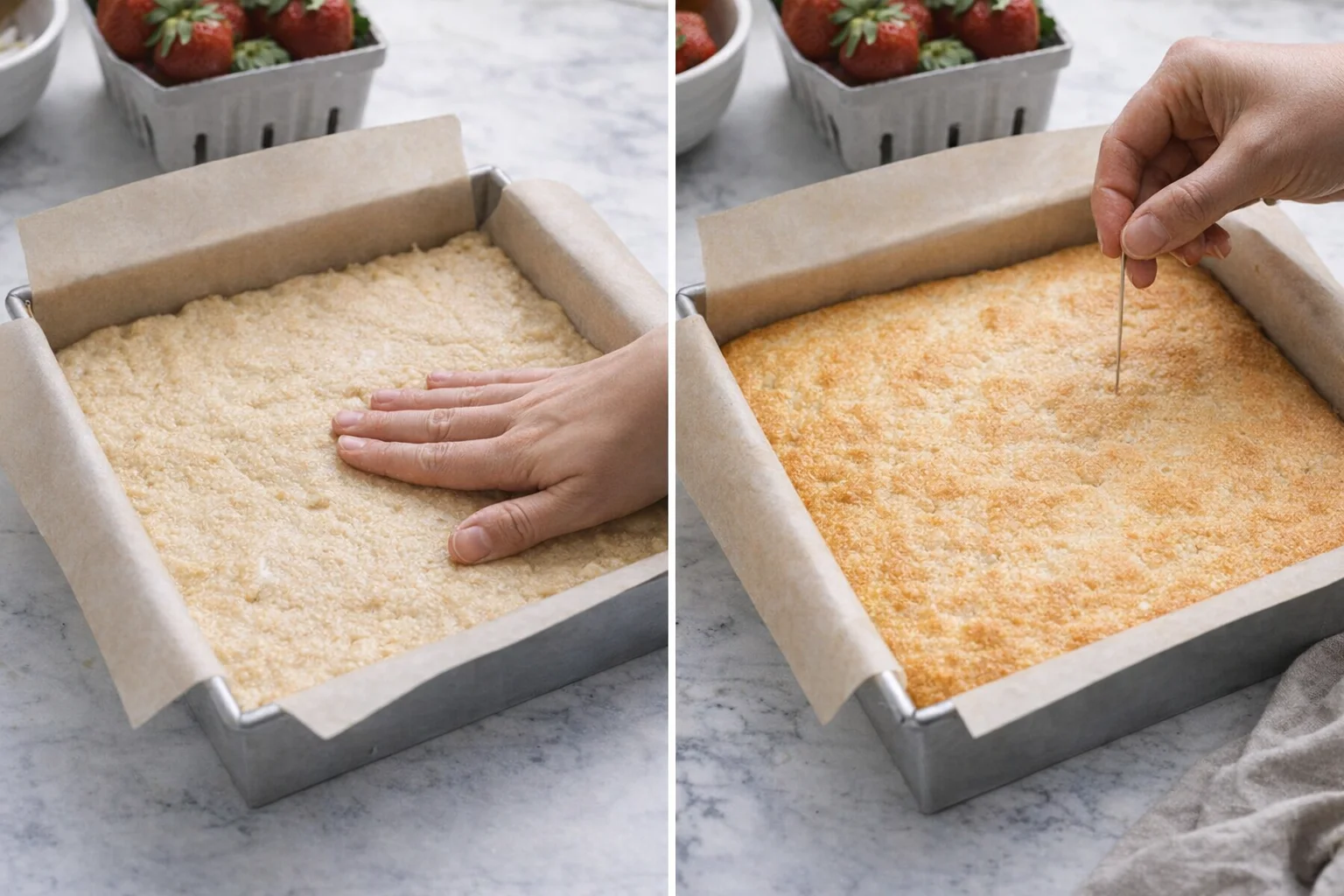 Round shortcake dough pressed evenly in pan, then removed golden-brown and cooling on a rack.