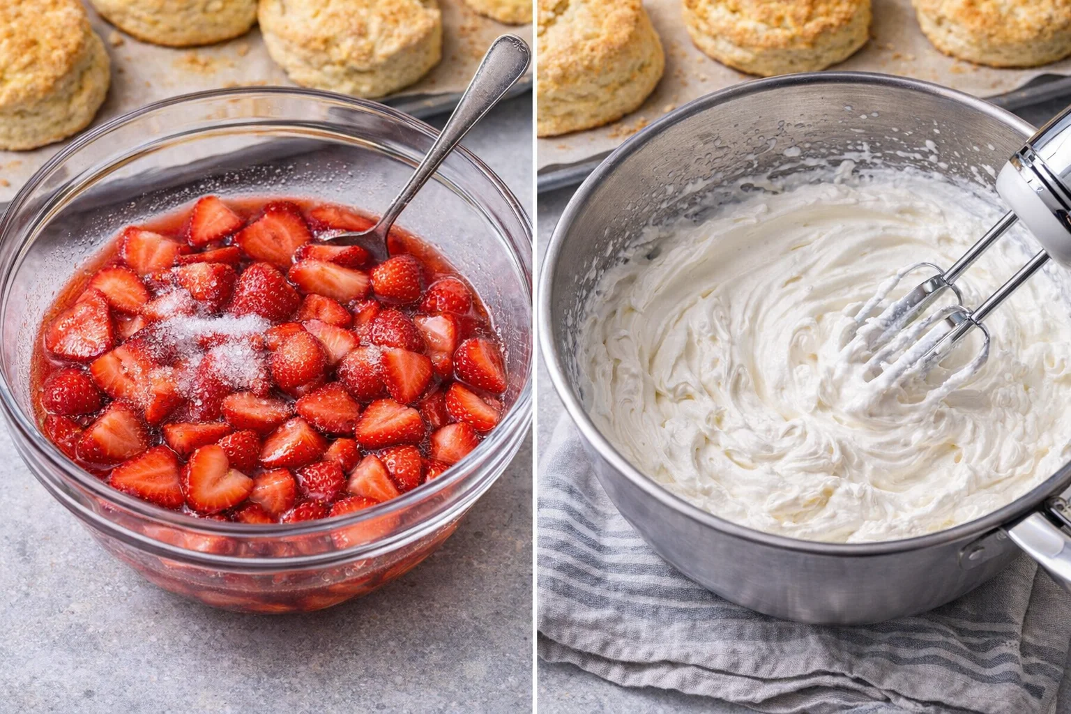 Bowl of sliced strawberries macerating in sugar beside a cold bowl of whipped cream at soft peaks.