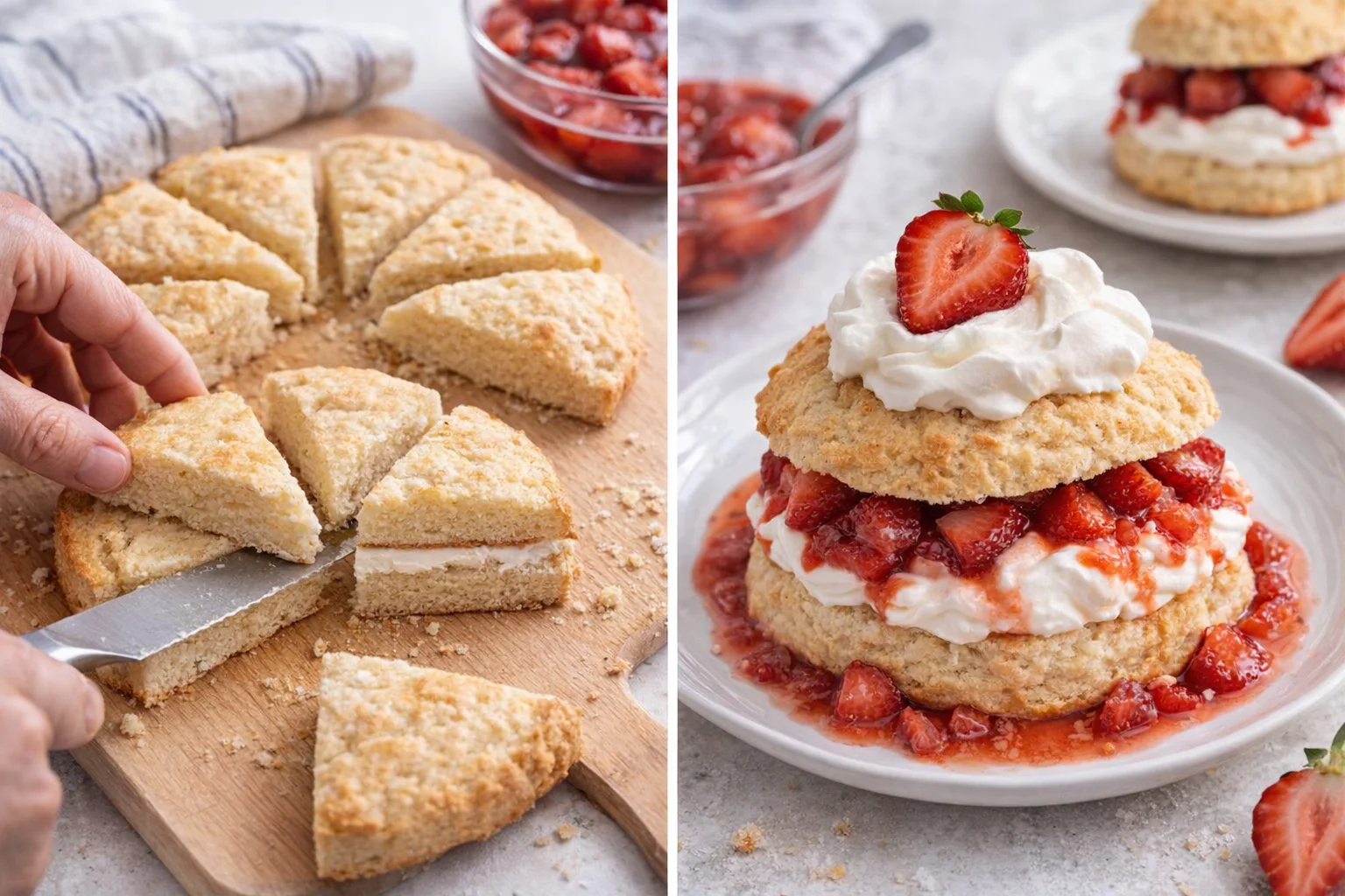 Eight shortcake wedges sliced horizontally, one layered with macerated strawberries and a generous dollop of whipped cream.
