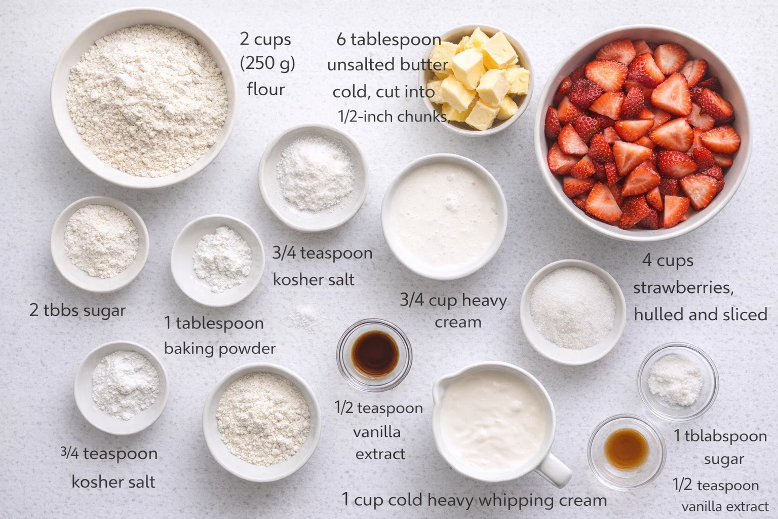 Measured ingredients arranged for Strawberry Shortcake: 2 cups (250 grams) all-purpose flour, 2 tablespoons sugar, 1 tablespoon baking powder, 3/4 teaspoon kosher salt, 6 tablespoons unsalted butter, cold, cut into 1/2-i