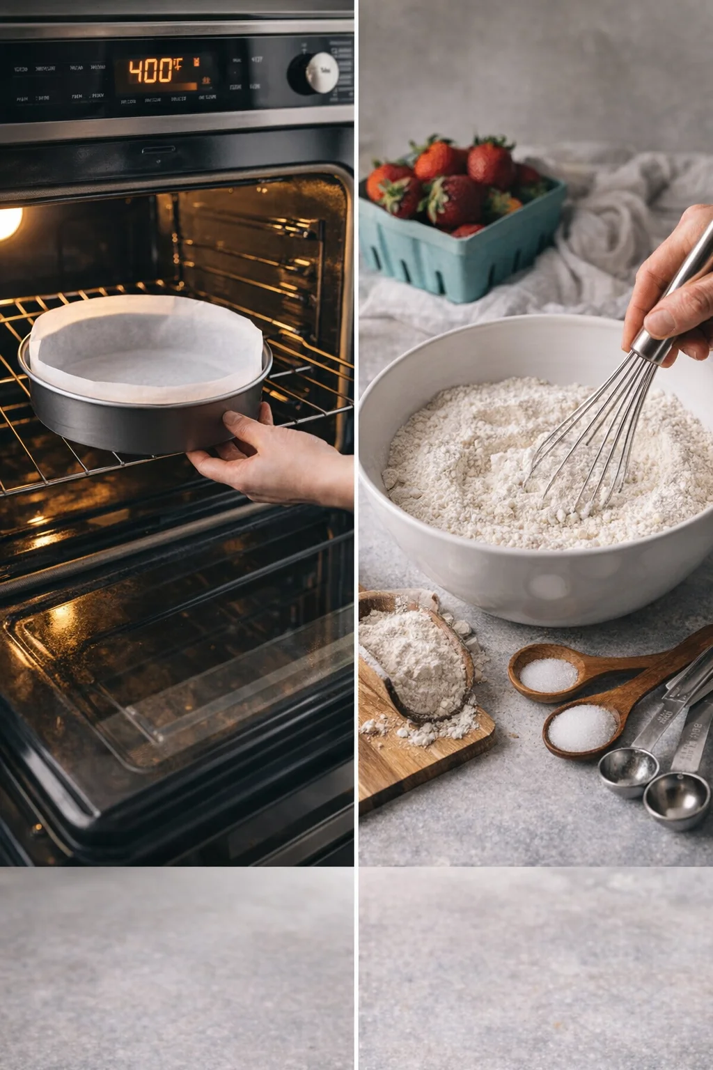 Bowl of whisked flour, sugar, baking powder, and salt beside parchment-lined round cake pan.