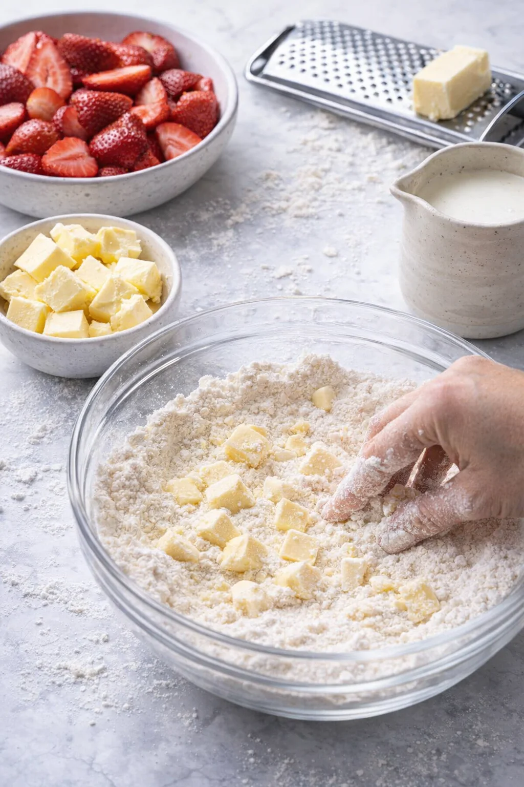 Hands rubbing cold butter chunks into flour, forming pea-sized crumbly mixture.