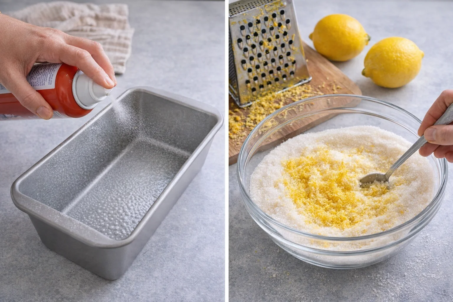 Prepared 9x5 loaf pan sprayed with nonstick and bowl of lemon zest mixed into sugar.