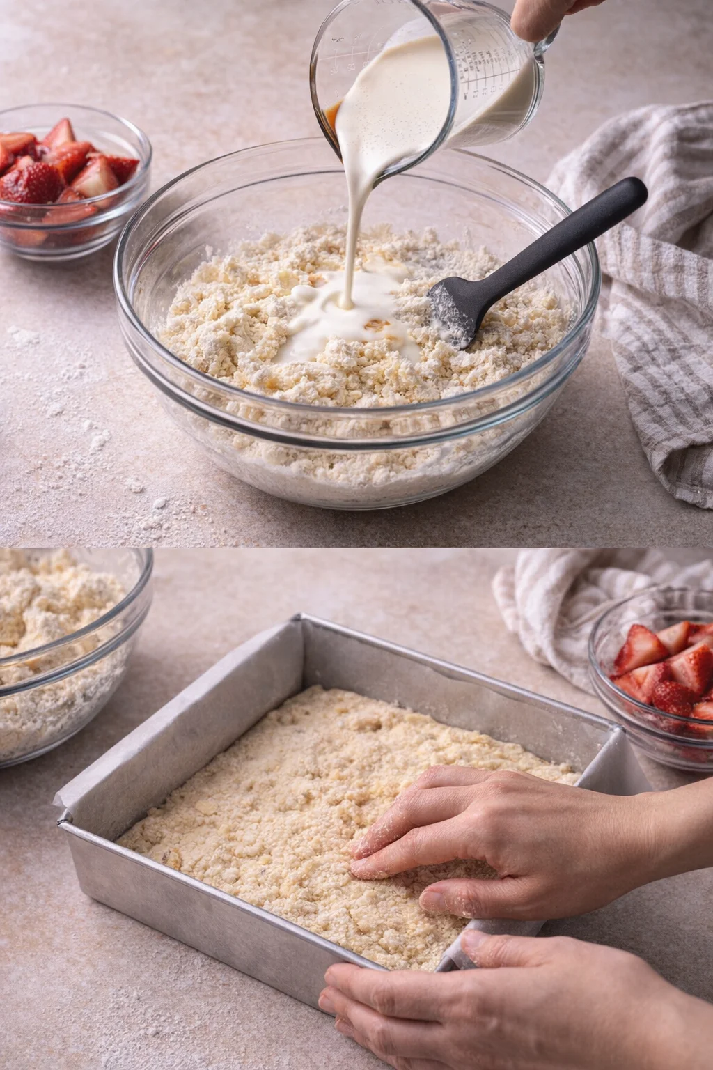 Thick dough being pressed evenly into prepared pan after stirring in cream and vanilla.